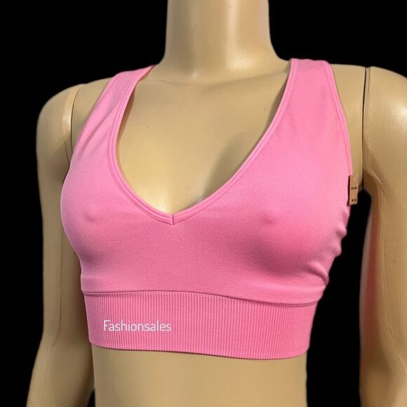 Victorias Secret Pink Active Seamless V Neck Unlined Gym sports Bra Pink Medium - Picture 1 of 5